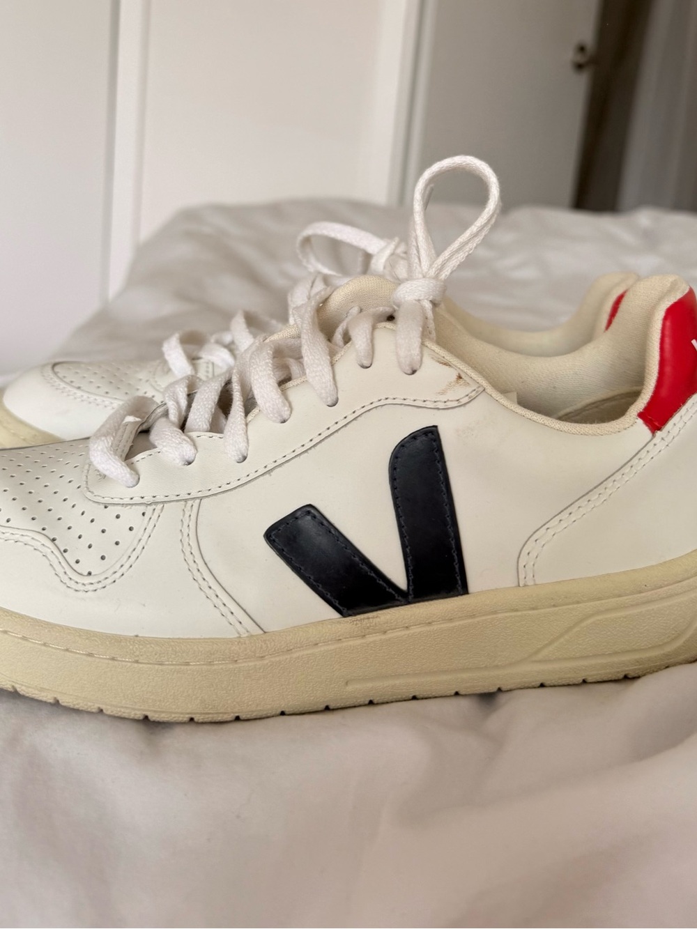 Veja Women’s White Leather Sneakers with Black V Logo and Red Heel Tab